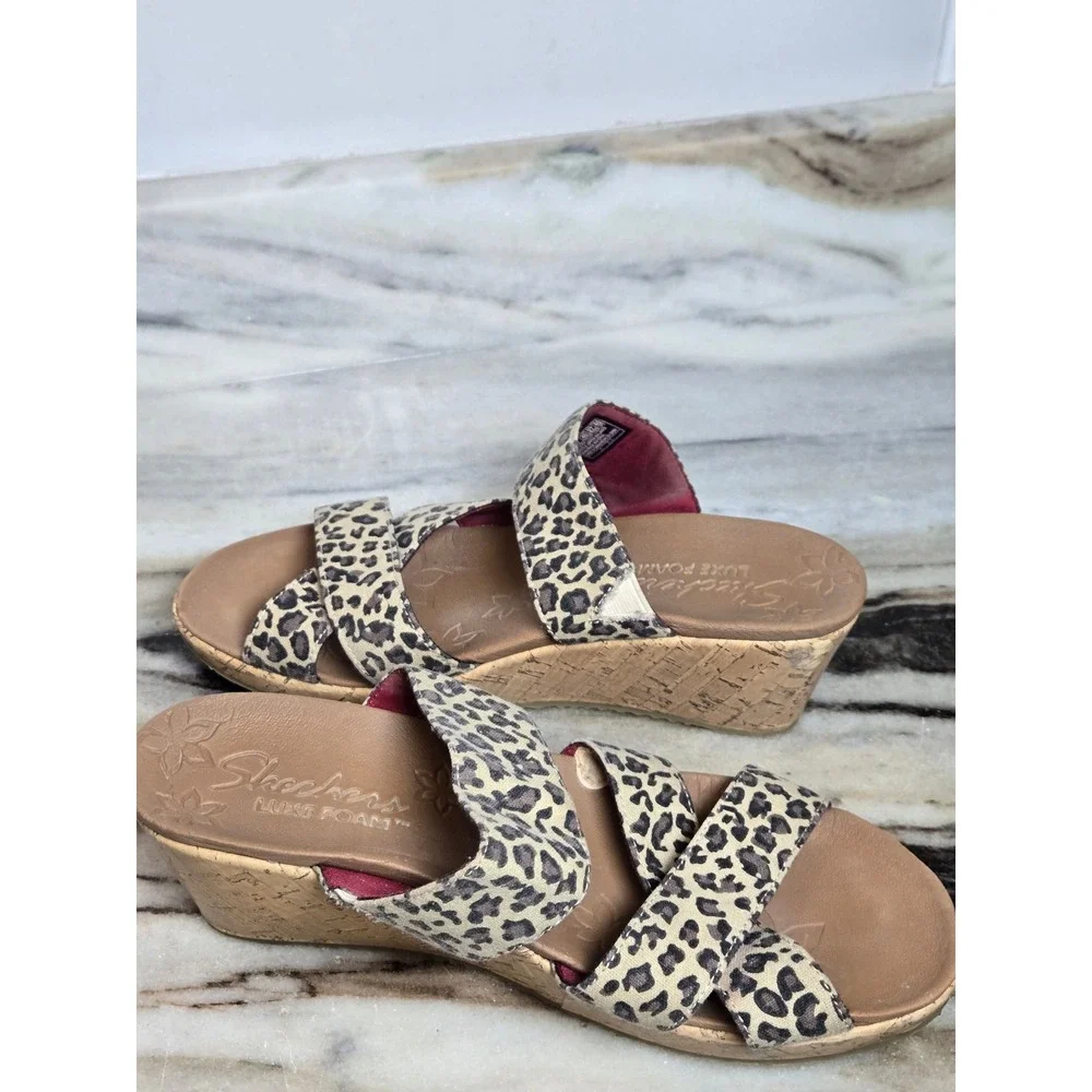 Skechers Luxe Foam Leopard Print Wedge Sandals Womens 10 Tan Black 32964